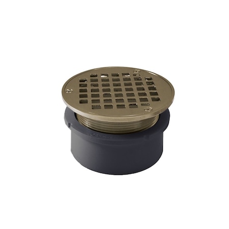 Jones Stephens 4in. PVC Hub Fit Drain Base with 3-1/2in. Metal Spud and 5in. Nickel Bronze Strainer D53120